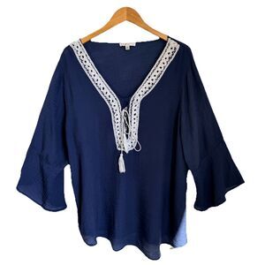 Spence Navy White Embroidered V Neck Tunic Tassel Bell Sleeve 1X Coastal Beachy